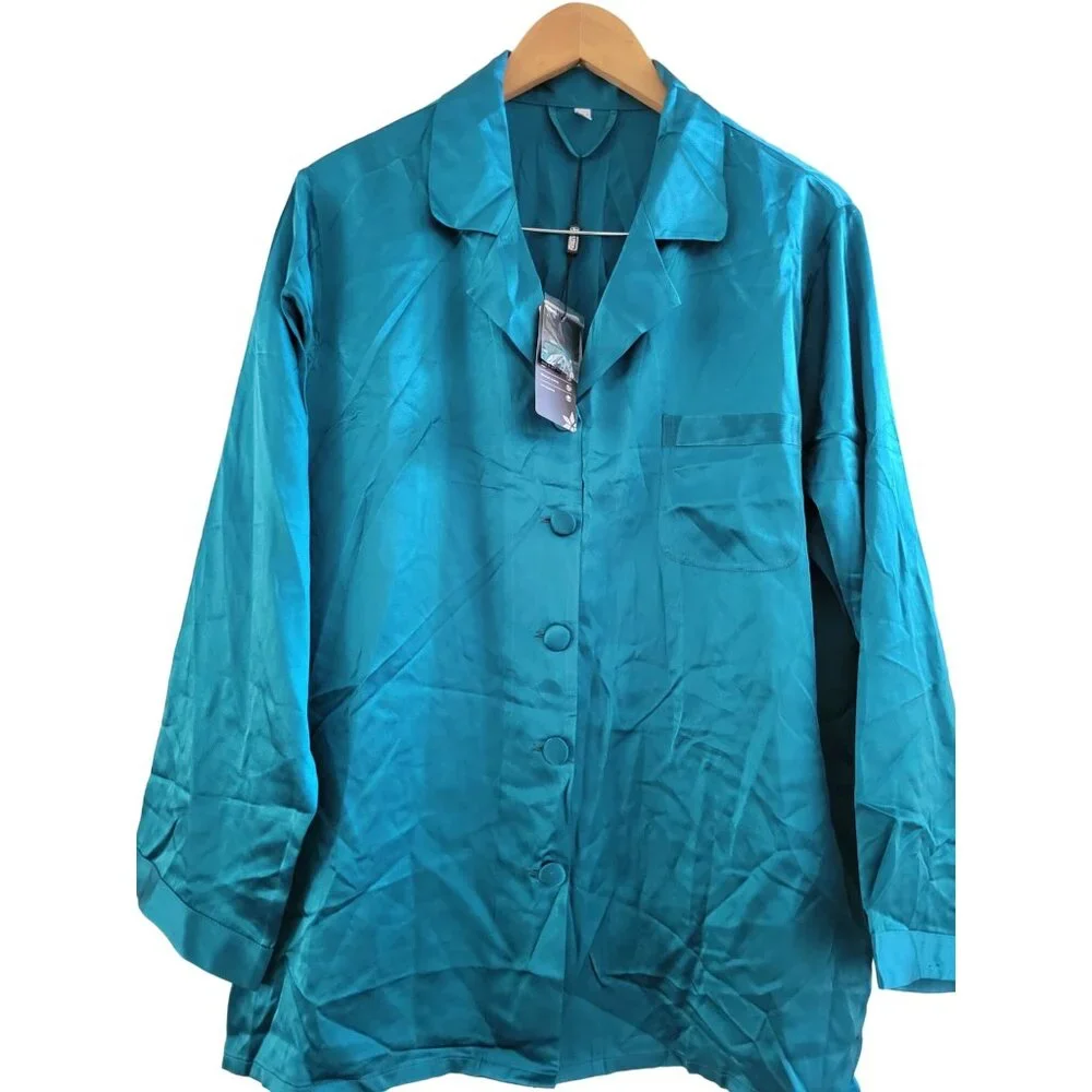 LilySilk Womens Teal Silk Blue Green Pajama top size Large pjs Sleep wear New